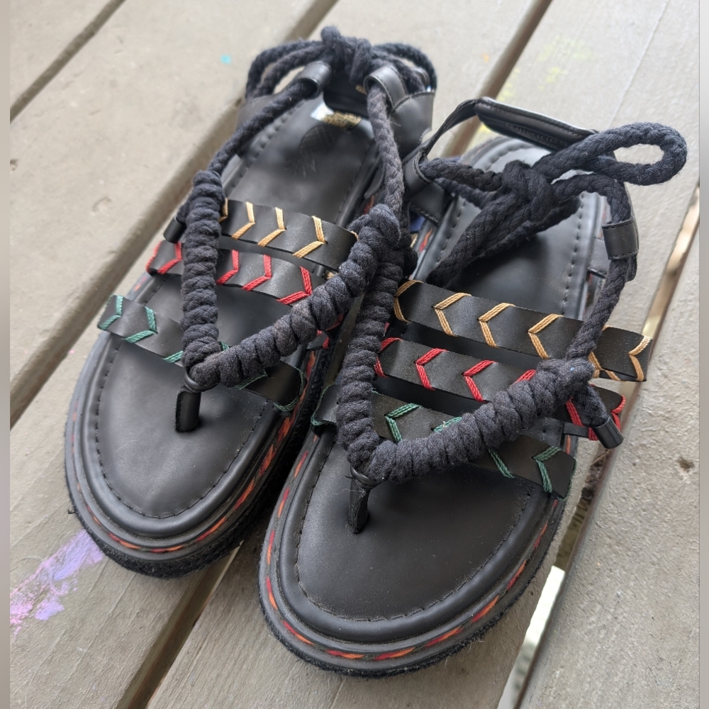 NWT Farm Rio Black Rope‎ Flatform Boho Sandals 11US Tie Design Summer Style